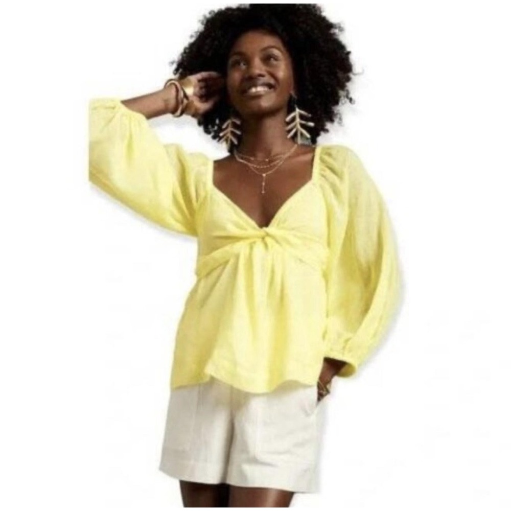 Banana Republic Blouse Womens XXL Yellow Ramie Twist Front Balloon Sleeve